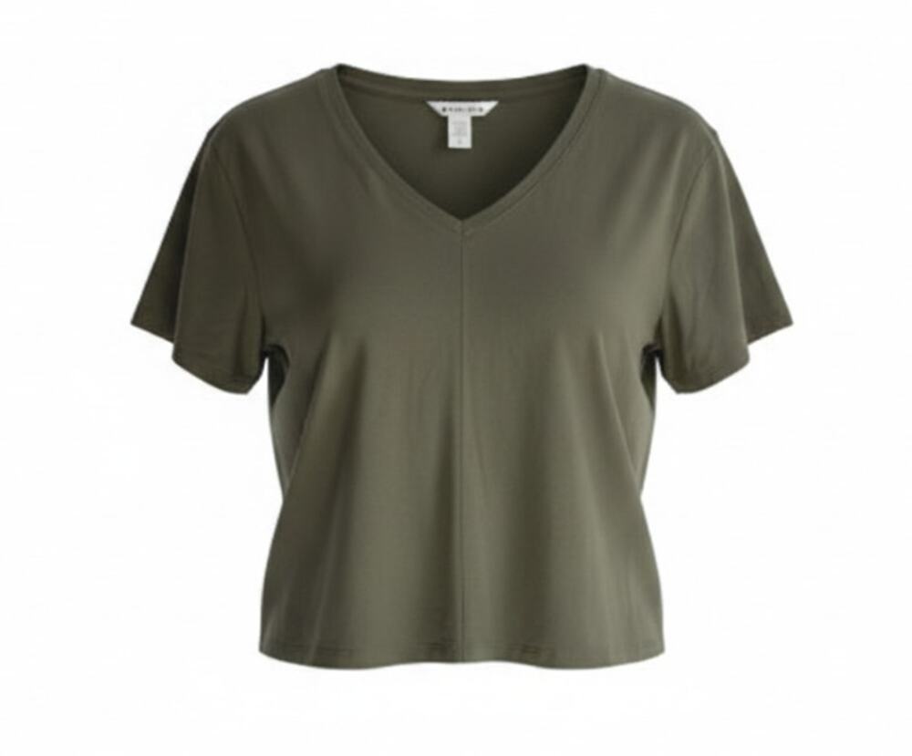 ATHLETA OLIVE GREEN CROP V-NECK SHORT SLEEVE T-SHIRT RELAXED FIT WOMENS LARGE